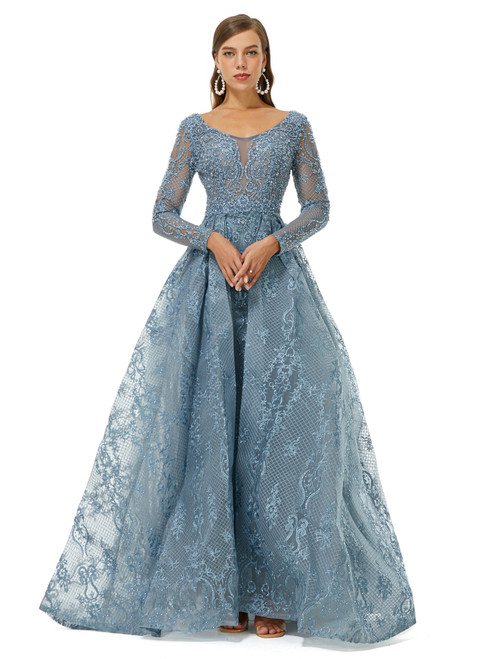 Blue Tulle Long Sleeve Appliques Beading Prom Dress