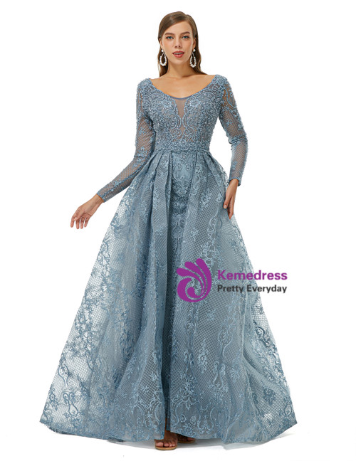 Blue Sparkly Tulle Prom Dress with Long Sleeves, New Style Long Dress with Beading UQP0208