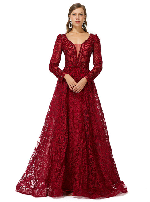 Burgundy Tulle Long Sleeve Appliques Beading Prom Dress