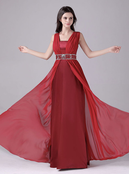 Burgundy Red Chiffon Beading Crystal Prom Dress