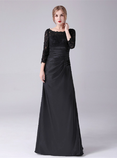 Black Lace Long Sleeve Pleats Mother Of The Bride Dress