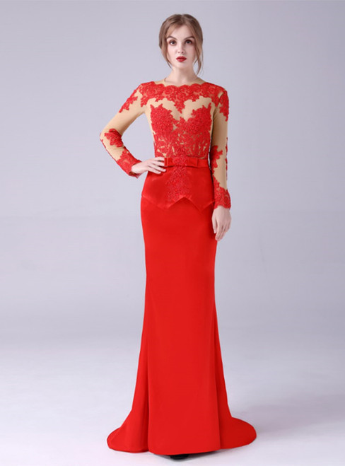 Red Mermaid Long Sleeve Appliques Mother Of The Bride Dress