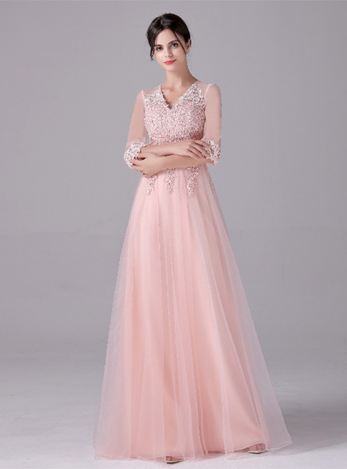 Pink Tulle Short Sleeve V-neck Appliques Prom Dress