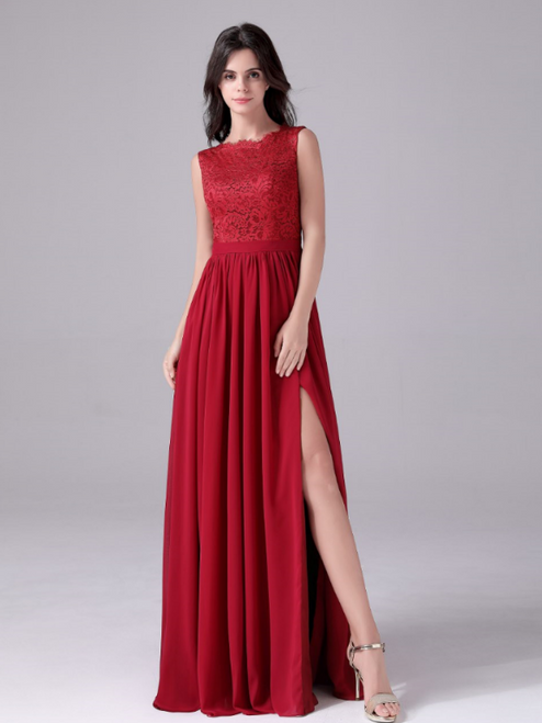 Burgundy Chiffon Lace Mother Of The Bride Dress With Split