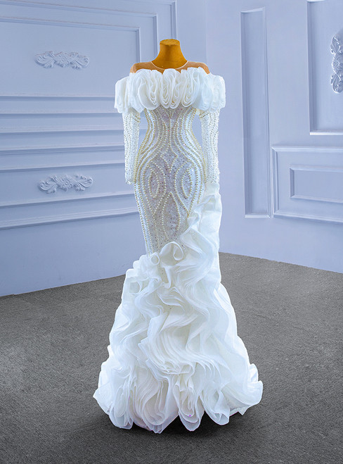 White Mermaid Sequins Long Sleeve Pearls Wedding Dress