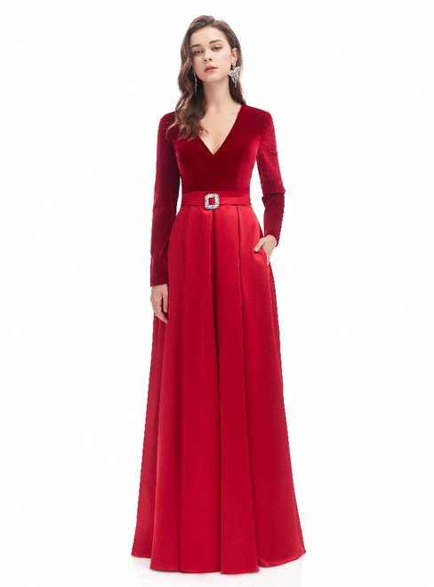 Burgundy Satin Velvet V-neck Long Sleeve Prom Dress