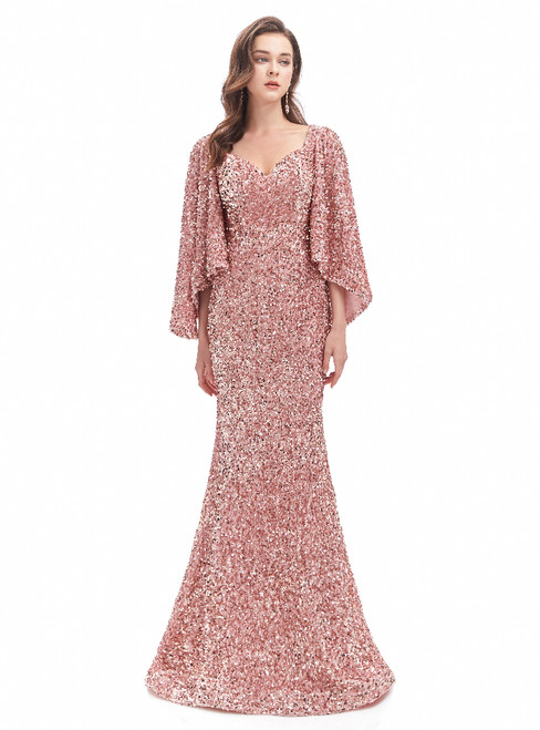 Pink Mermaid Sequins Bat Sleeve Prom Dress