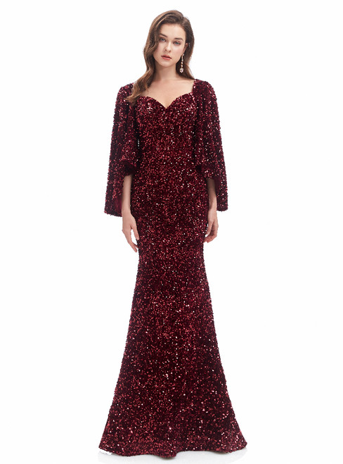 Burgundy Mermaid Sequins Bat Sleeve Prom Dress