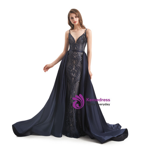 Navy Blue Spaghetti Straps Sweep/Brush Train Formal Dresses