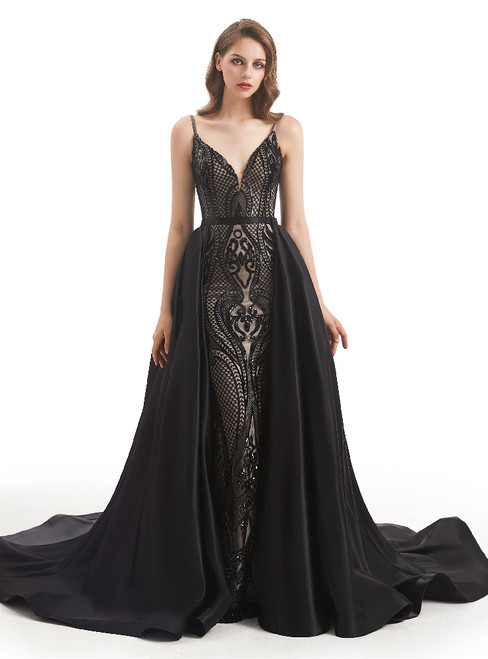 Black Sequins Spaghetti Straps Prom Dress With Detachable Train