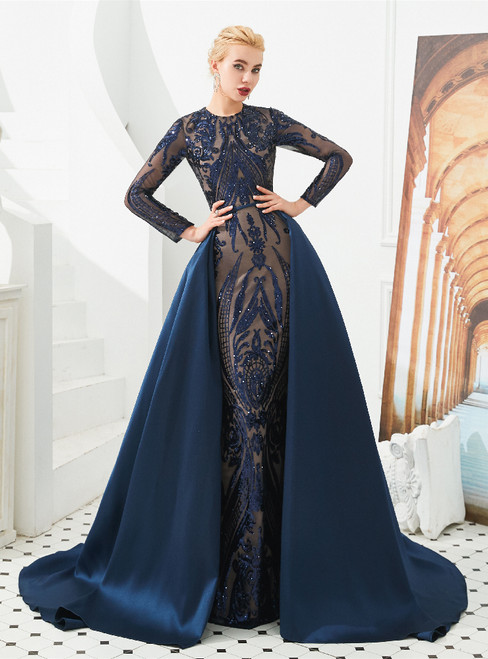 Navy Blue Mermaid Sequins Long Sleeve Prom Dress With Removable Train