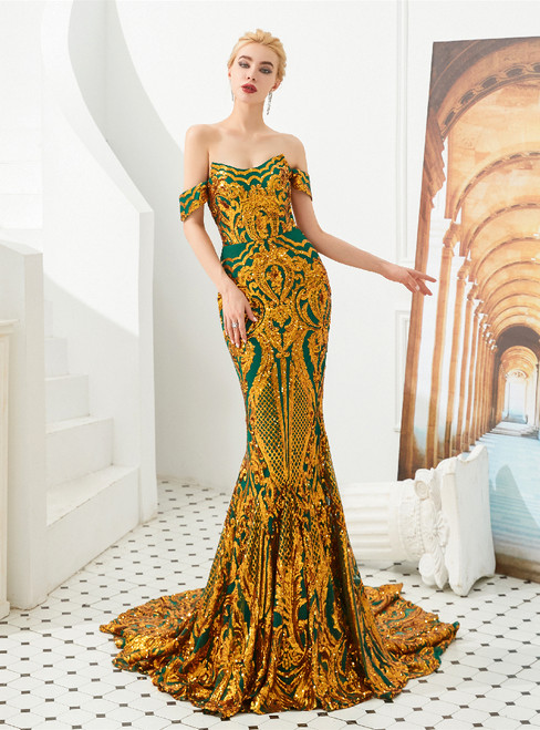 Green Mermaid Gold Sequins Off the Shoulder Prom Dress