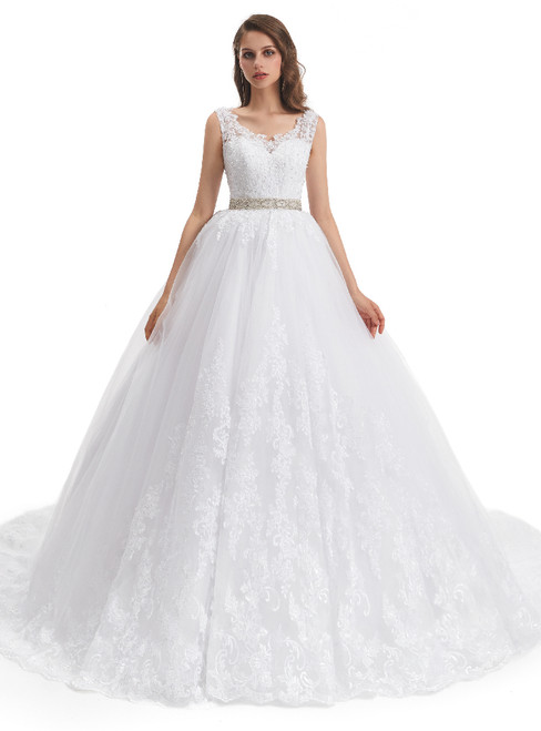 White Ball Gown Tulle Backless Appliques beading Wedding Dress