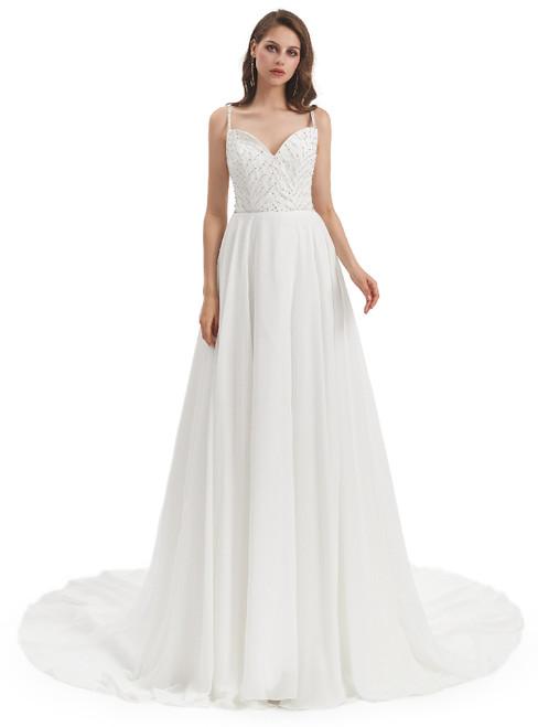 White Chiffon Lace Spaghetti Straps Beading Wedding Dress