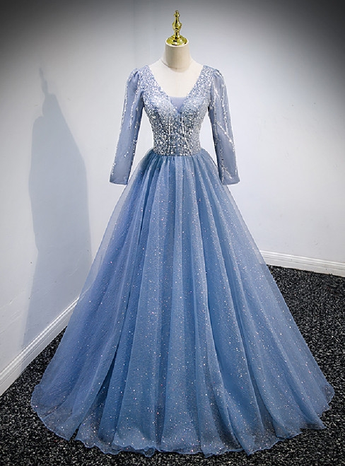 Blue Tulle Sequins V-neck Long Sleeve Beading Prom Dress
