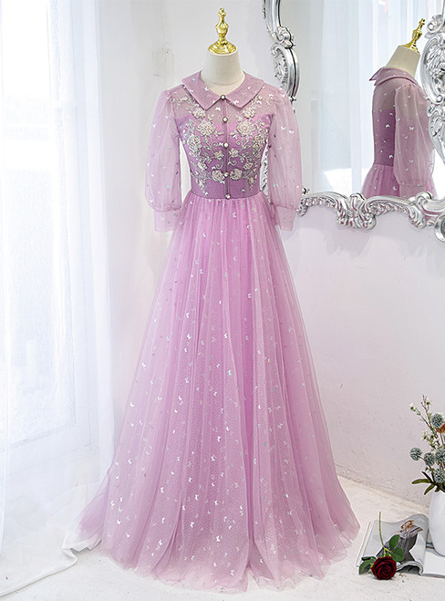Purple Tulle Sequins Beading Short Sleeve Prom Dress