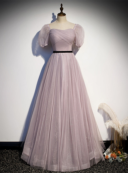 Purple Tulle Square Short Sleeve Pleats Prom Dress