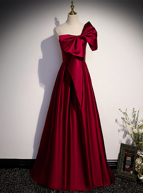 Burgundy Satin One Shoulder Bow Prom Dress