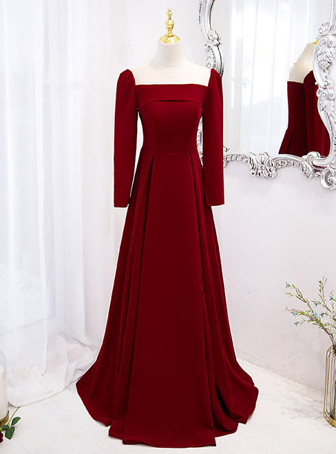 Burgundy Long Sleeve See Through Neck Prom Dress
