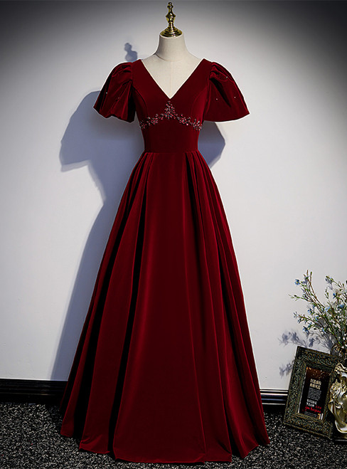 Burgundy Velvet V-neck Puff Sleeve Beading Prom Dress