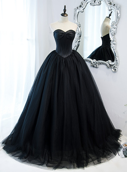 Black Tulle Strapless Pleats Prom Dress
