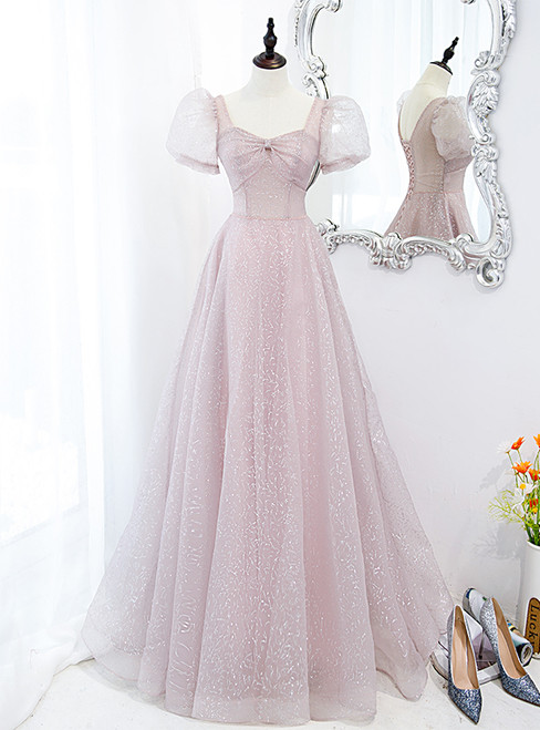 Pink Tulle Sequins Square Puff Sleeve Prom Dress
