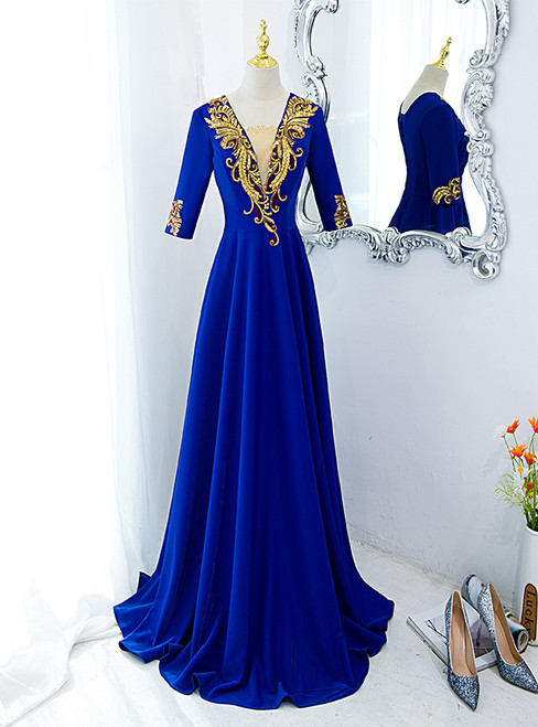Royal Blue Short Sleeve Sequins Appliques Prom Dress