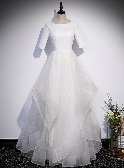 White Tulle Sequins Short Sleeve Prom Dress