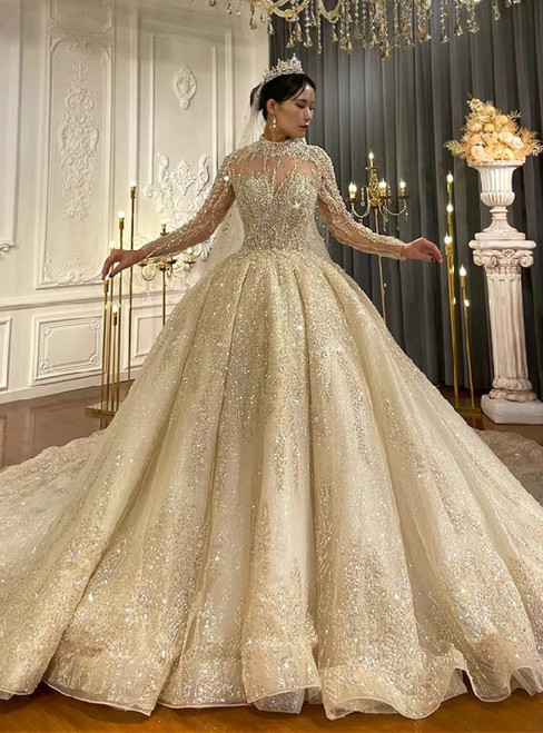 Ball Gown Tulle Sequins High Neck Long Sleeve Beading Wedding Dress