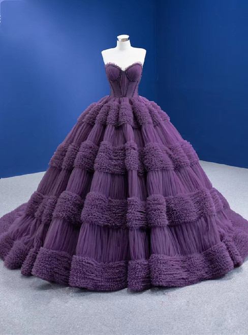 Dark Purple Tulle Sweetheart Pleats Beading Prom Dress