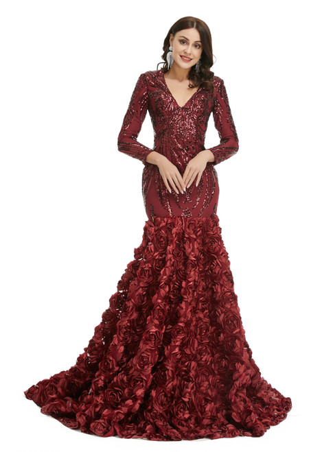 Burgundy Mermaid V-neck Long Sleeve Sequins Prom Dress