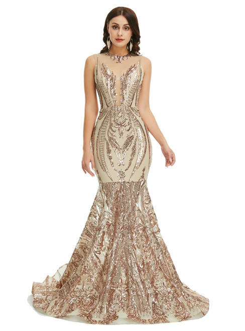 Champagne Gold Mermaid Sequins See-through Prom Dress