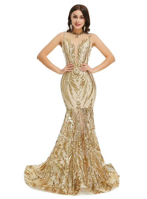 Gold Mermaid Sequins See-through Prom Dress