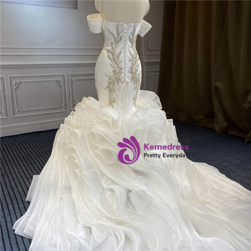 White Mermaid Cap Sleeve Organza Beading Crystal Wedding Dress main image 0