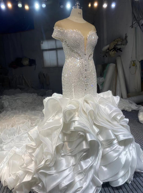 White Mermaid Cap Sleeve Organza Beading Crystal Wedding Dress