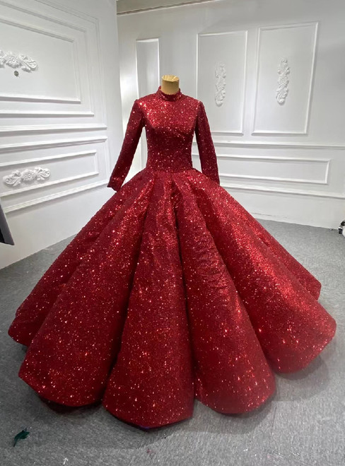 Burgundy Ball Gown Sequins Long Sleeve High Neck Prom Dress