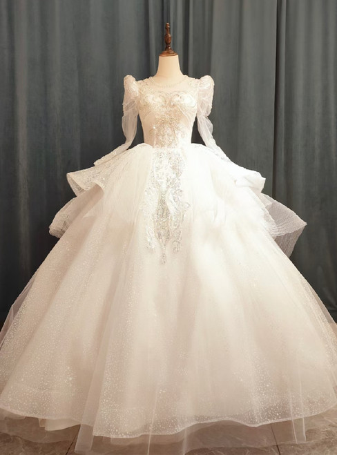 White Tulle Sequins Pearls Backless Long Sleeve Wedding Dress