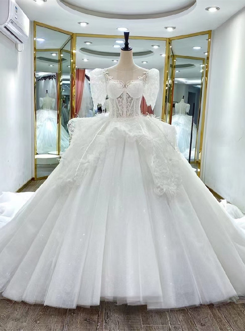 White Tulle Lace Off the Shoulder Wedding Dress