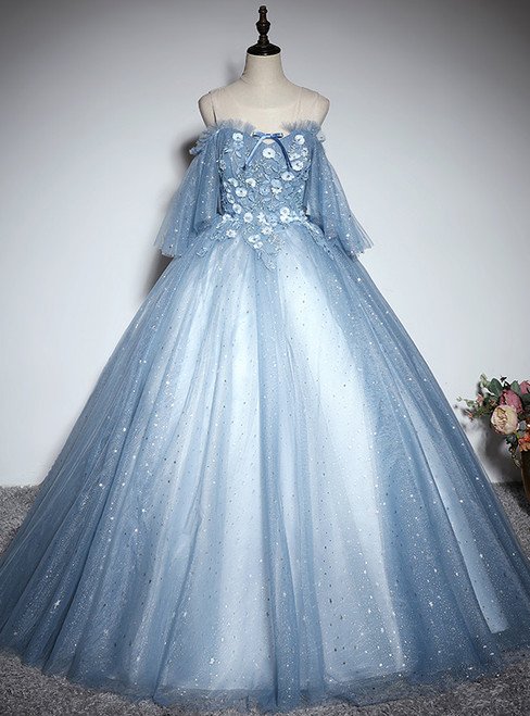 Blue Tulle Star Sequins 3D Appliques Quinceanera Dress
