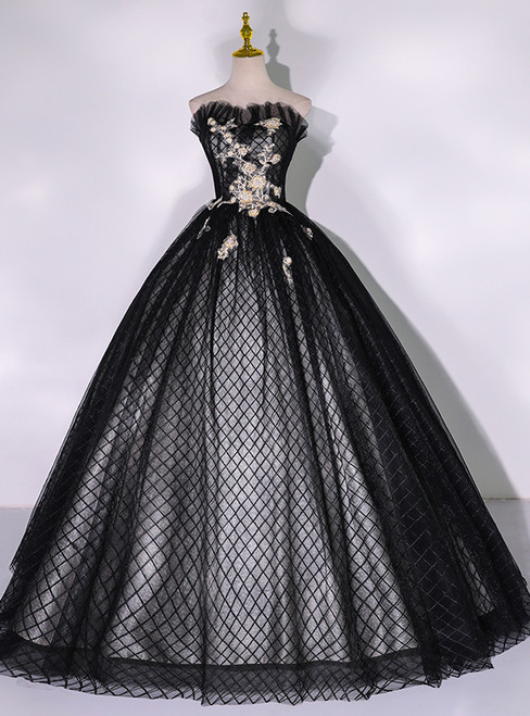 Black Tulle Strapless Appliques Quinceanera Dress