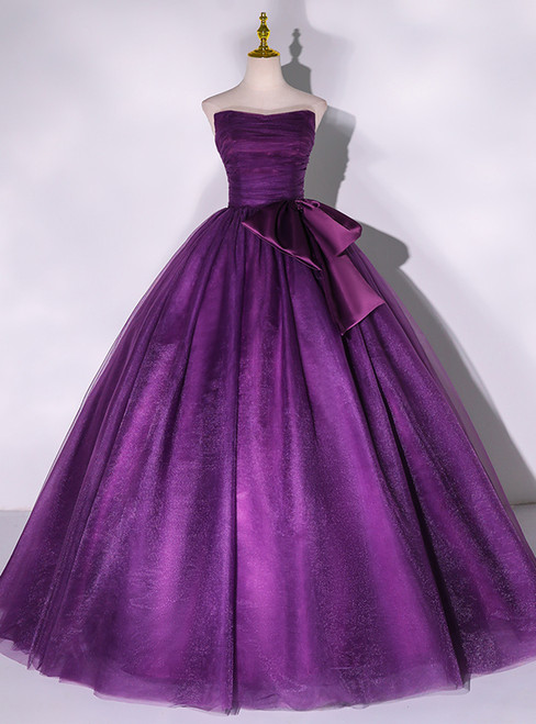 Purple Tulle Strapless Pleats Quinceanera Dress