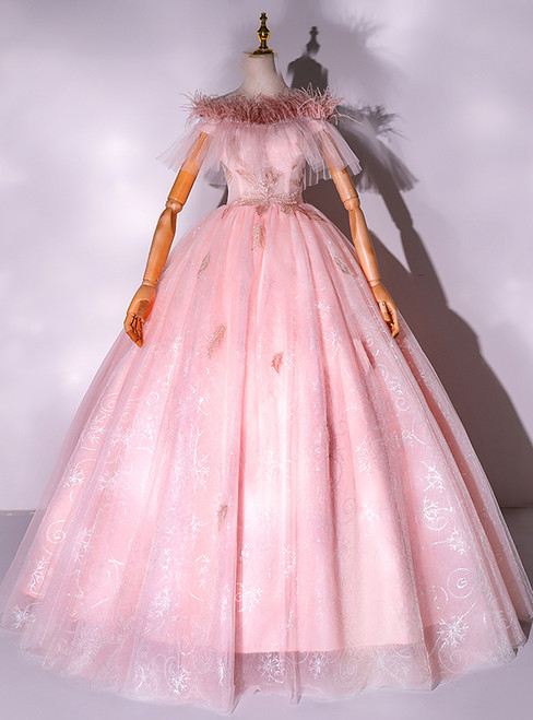Pink Tulle Lace Off the Shoulder Feather uinceanera Dress