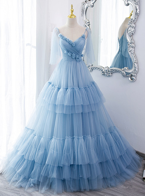 Blue Tulle Spaghetti Straps Pleats Prom Dress