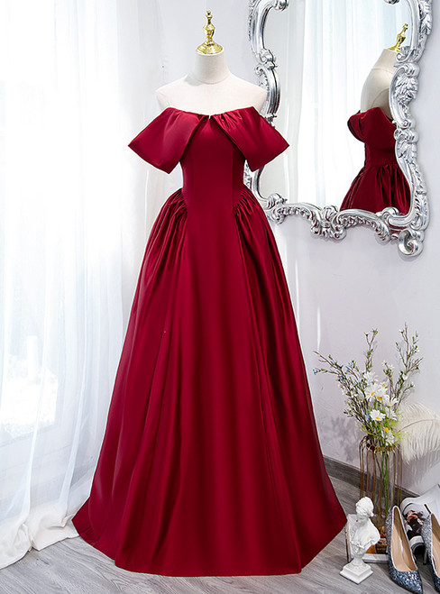 Burgundy Satin Off the Shoulder Long Prom Dress