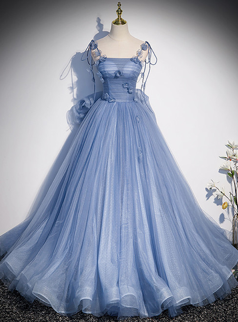 Blue Tulle Spaghetti Straps Flower Bow Prom Dress