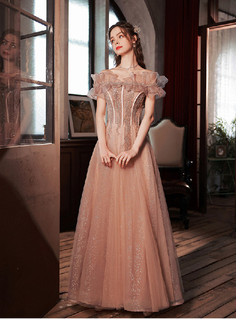 In Stock:Ship in 48 Hours A-Line Pink Tulle Sequins Beading Prom Dress 