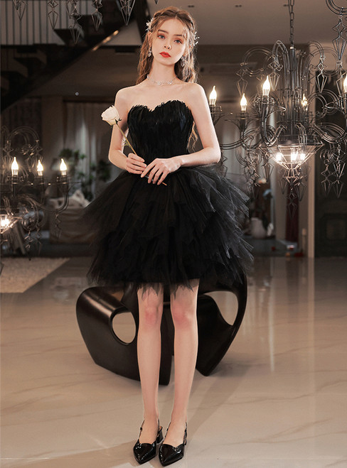 In Stock:Ship in 48 Hours Black Strapless Feather Prom Dress