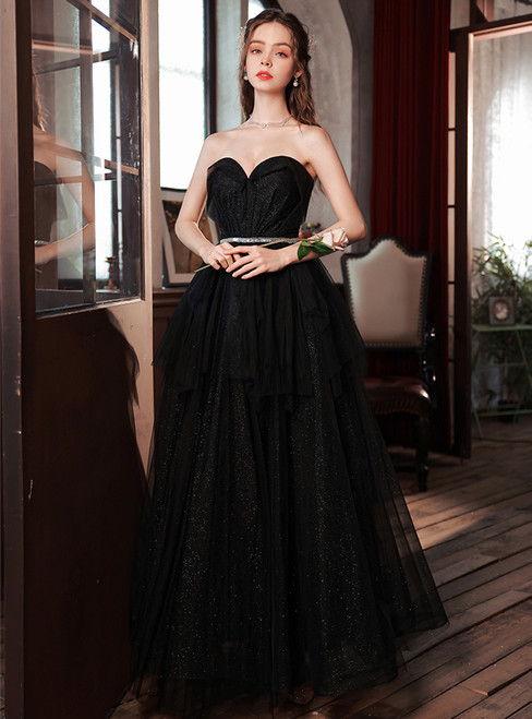 In Stock:Ship in 48 Hours Black Strapless Pleat Prom Dress