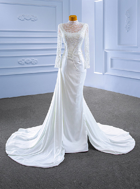 White Mermaid Long Sleeve High Neck Beading Wedding Dress