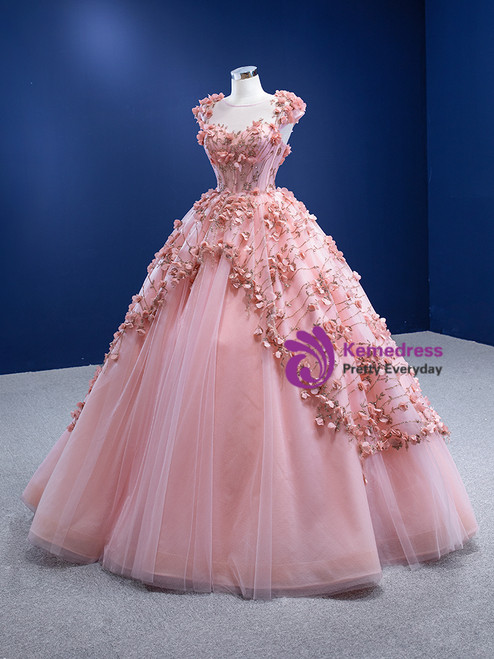 Pink Ball Gown Satin Sequins Cap Sleeve Embroidery Beading Prom Dress main image 1